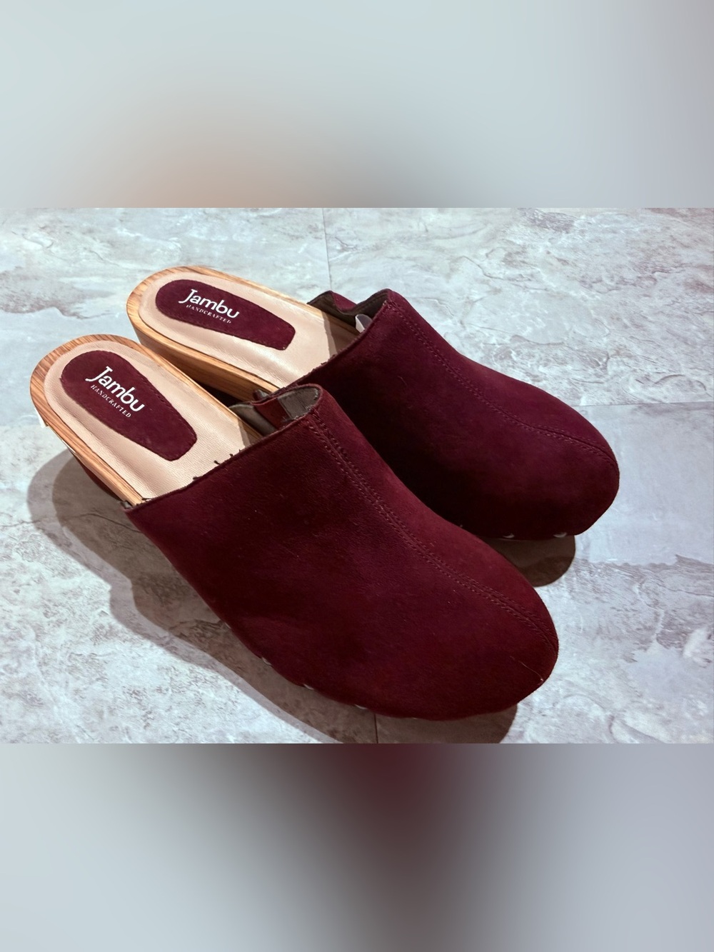 Jambu Handcrafted Burgundy Suede Leather Wooden Clogs Mules Slips-Ons 7.5